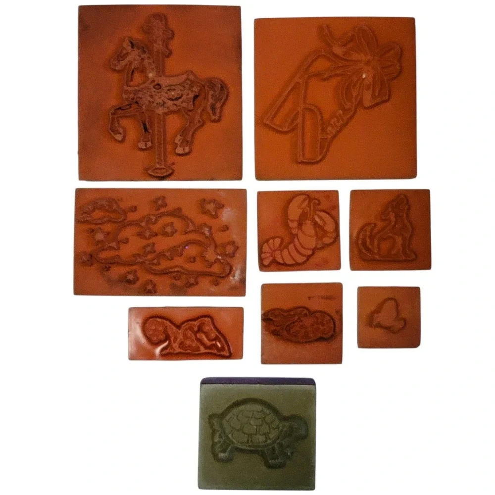 VTG Foam Rubber Stamp Lot 9 Pc Carousel Horse Wolf Lobster‎ Snake Clouds Turtle